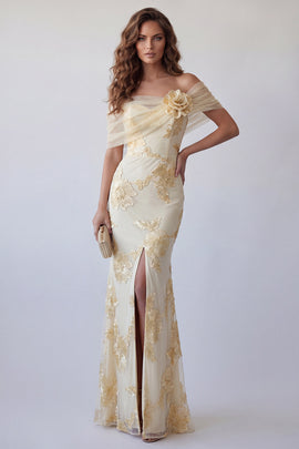 Light Yellow Floral Long Mermaid Off the Shoulder Formal Dress with 3D Flower