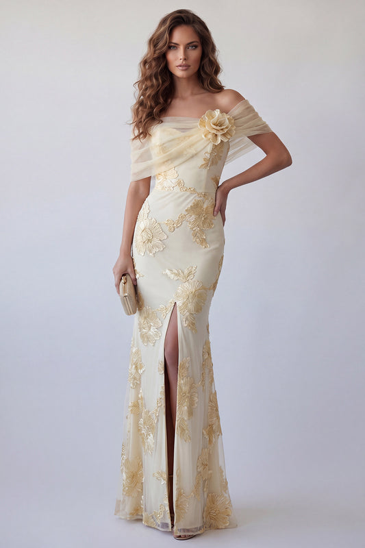 Light Yellow Floral Long Mermaid Off the Shoulder Formal Dress with 3D Flower