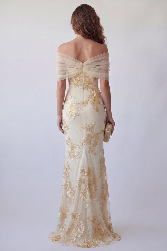 Light Yellow Floral Long Mermaid Off the Shoulder Formal Dress with 3D Flower