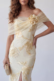 Light Yellow Floral Long Mermaid Off the Shoulder Formal Dress with 3D Flower