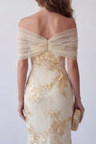 Light Yellow Floral Long Mermaid Off the Shoulder Formal Dress with 3D Flower