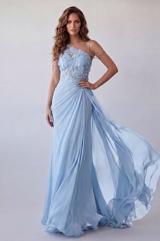 Floral Sky Blue Long Mermaid Beaded Ruched Formal Dress with Side Cape