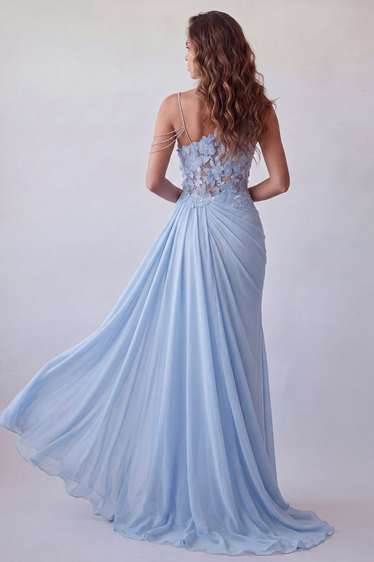 Floral Sky Blue Long Mermaid Beaded Ruched Formal Dress with Side Cape