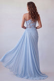 Floral Sky Blue Long Mermaid Beaded Ruched Formal Dress with Side Cape