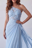 Floral Sky Blue Long Mermaid Beaded Ruched Formal Dress with Side Cape