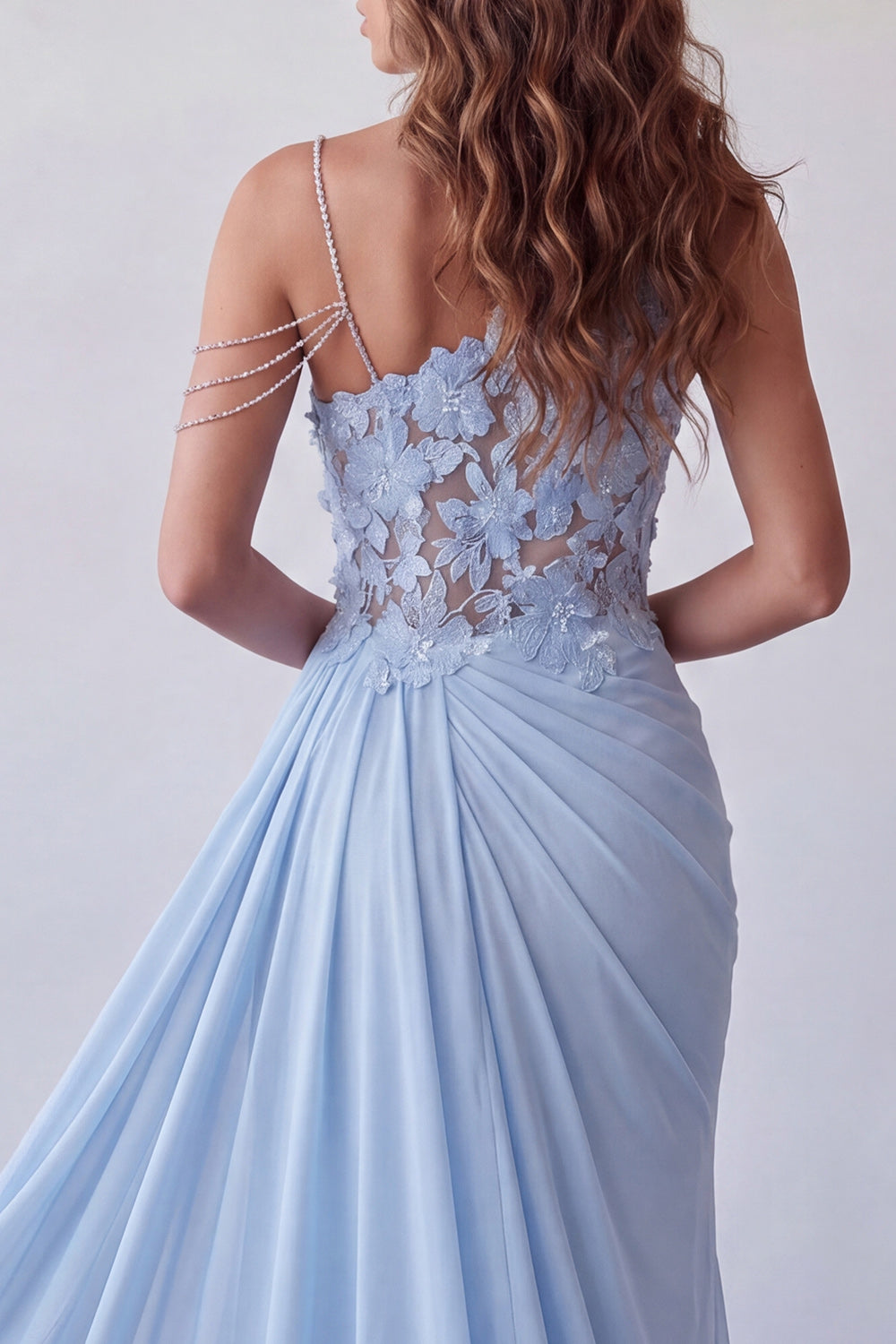 Floral Sky Blue Long Mermaid Beaded Ruched Formal Dress with Side Cape