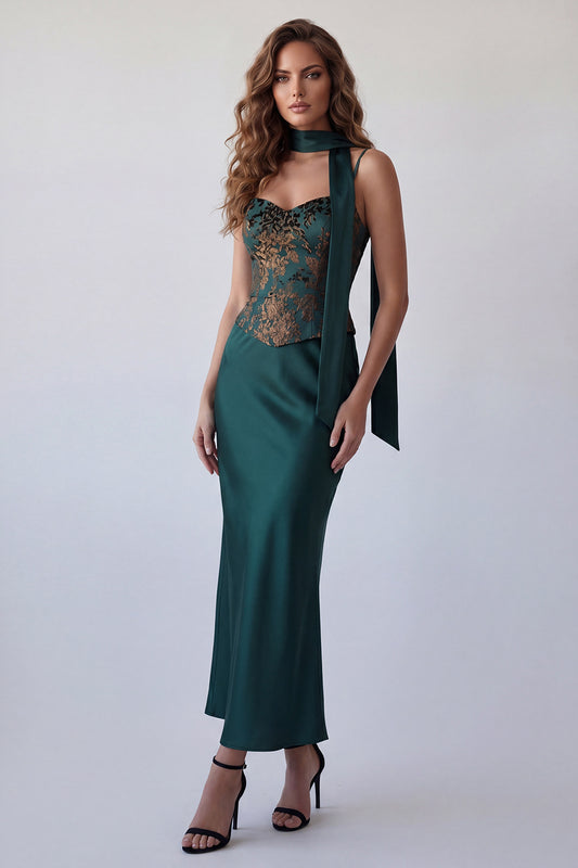 Spaghetti Straps Basque Waist Dark Green Long Mermaid Floral Formal Dress