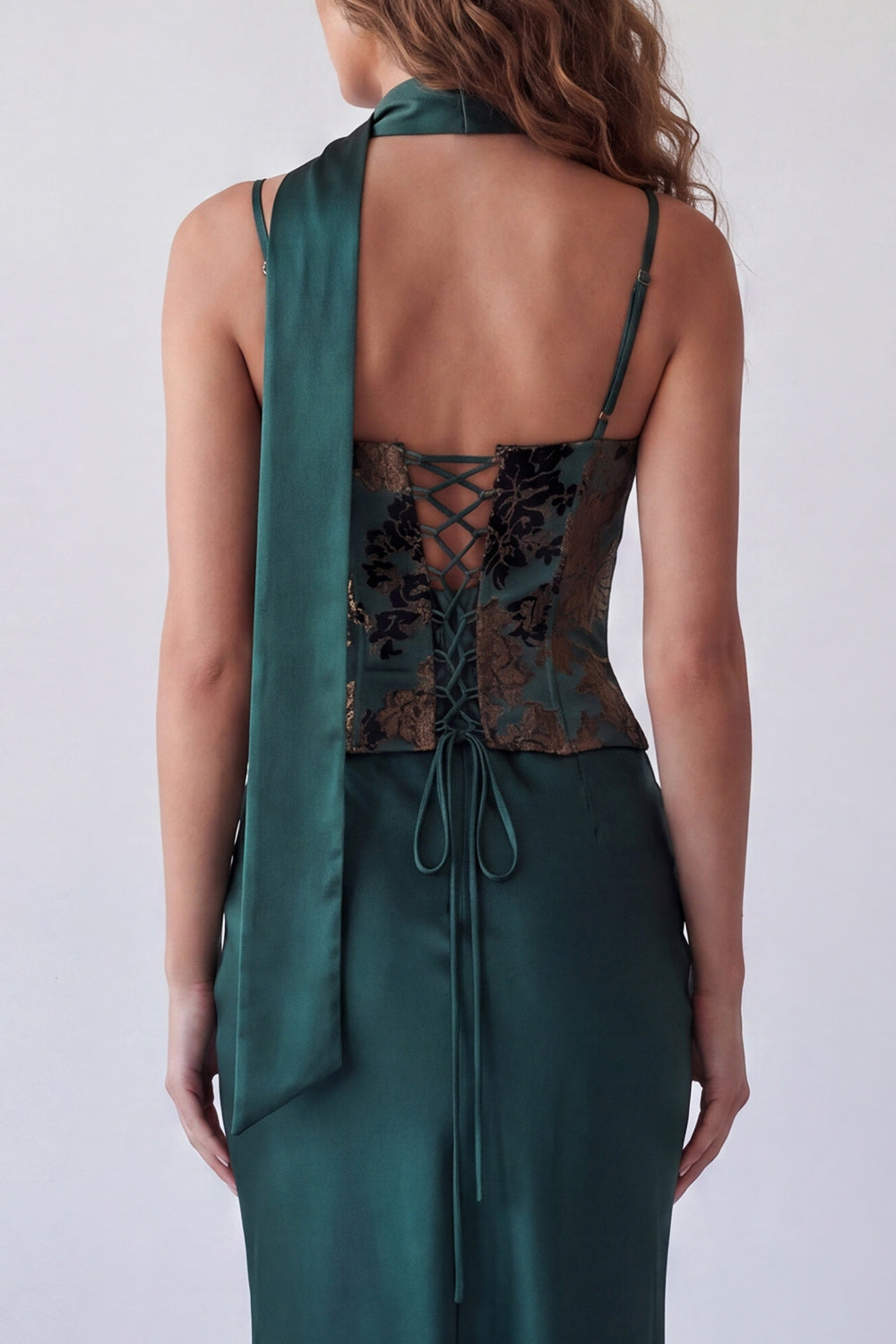 Spaghetti Straps Basque Waist Dark Green Long Mermaid Floral Formal Dress