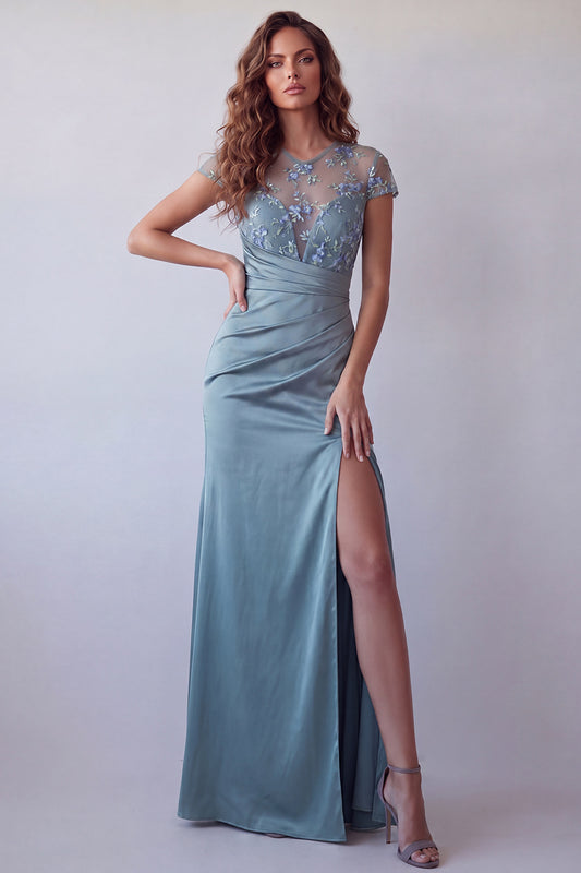 Grey Blue Floral Short Sleeves Long Mermaid Ruched Formal Dress with Slit