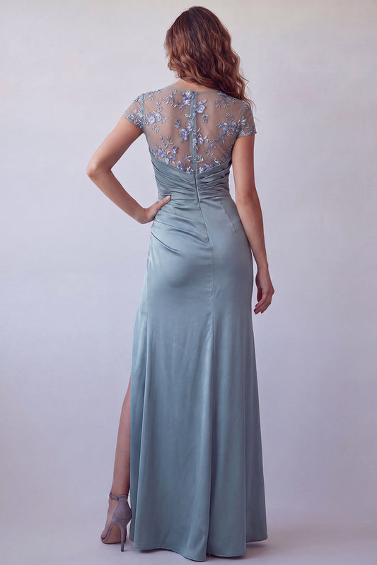 Grey Blue Floral Short Sleeves Long Mermaid Ruched Formal Dress with Slit