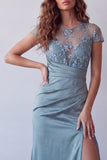 Grey Blue Floral Short Sleeves Long Mermaid Ruched Formal Dress with Slit