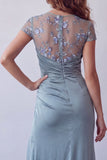 Grey Blue Floral Short Sleeves Long Mermaid Ruched Formal Dress with Slit