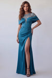 Peacock Blue Floral Boat Neck Long Mermaid Ruched Formal Dress with Cape