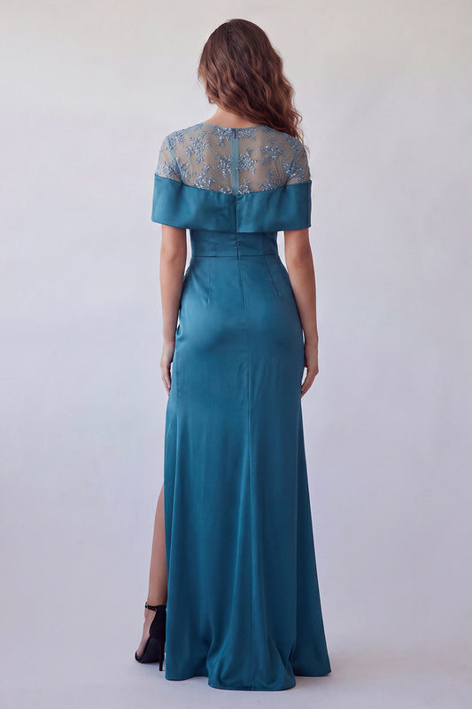 Peacock Blue Floral Boat Neck Long Mermaid Ruched Formal Dress with Cape