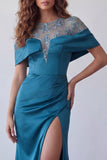 Peacock Blue Floral Boat Neck Long Mermaid Ruched Formal Dress with Cape
