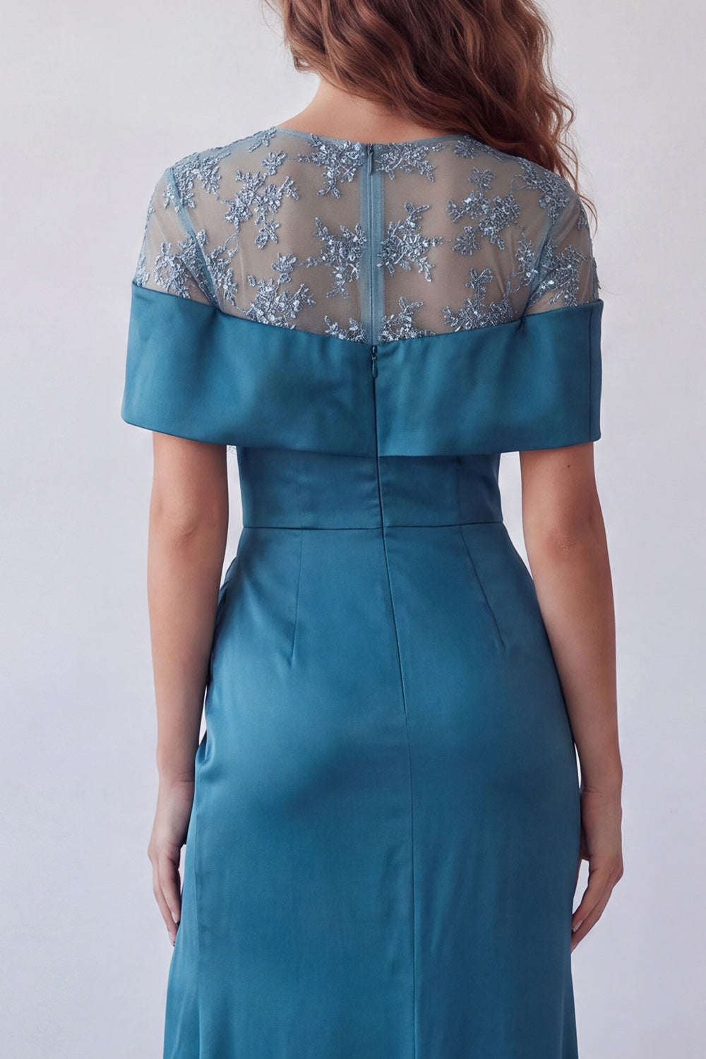 Peacock Blue Floral Boat Neck Long Mermaid Ruched Formal Dress with Cape