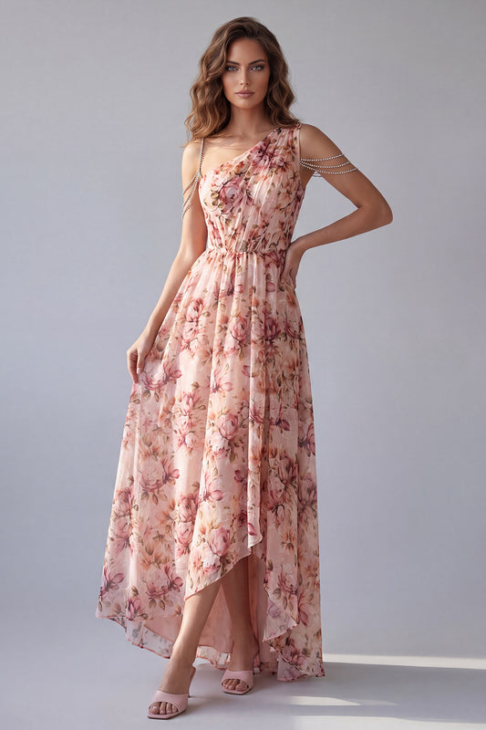 A Line Ruched Pink Floral One Shoulder High Low Formal Dress with Beading