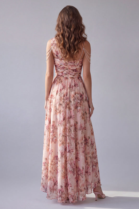 A Line Ruched Pink Floral One Shoulder High Low Formal Dress with Beading