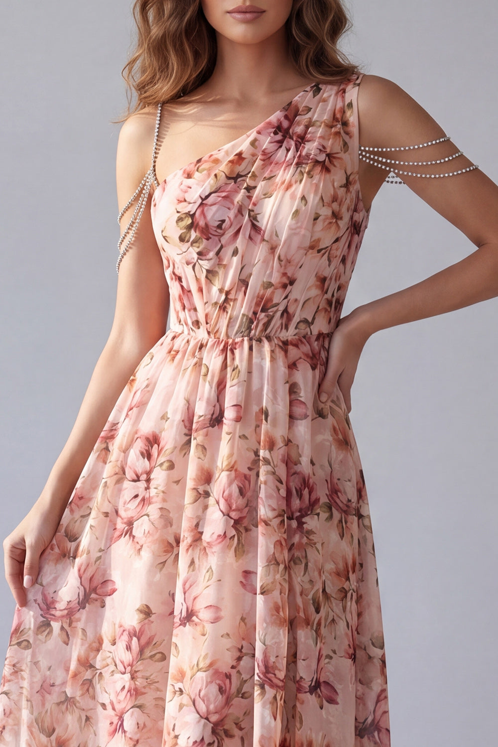 A Line Ruched Pink Floral One Shoulder High Low Formal Dress with Beading