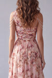 A Line Ruched Pink Floral One Shoulder High Low Formal Dress with Beading