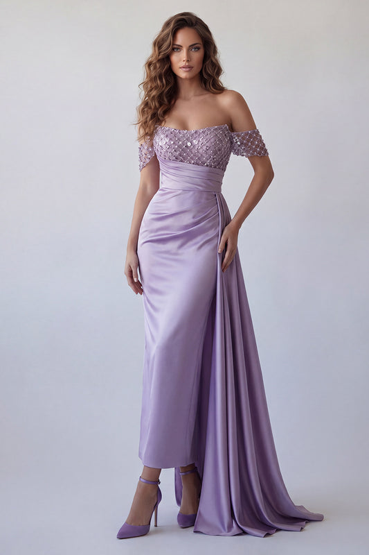 Light Purple Beaded Ruched Long Mermaid Formal Dress with Side Cape