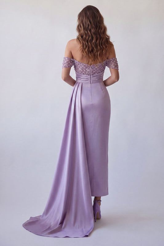 Light Purple Beaded Ruched Long Mermaid Formal Dress with Side Cape