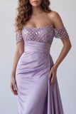Light Purple Beaded Ruched Long Mermaid Formal Dress with Side Cape