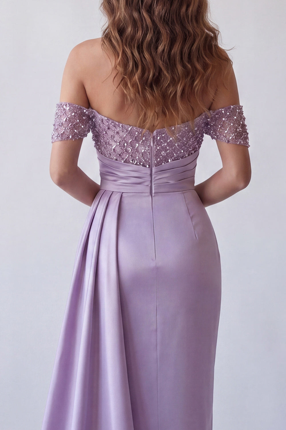 Light Purple Beaded Ruched Long Mermaid Formal Dress with Side Cape