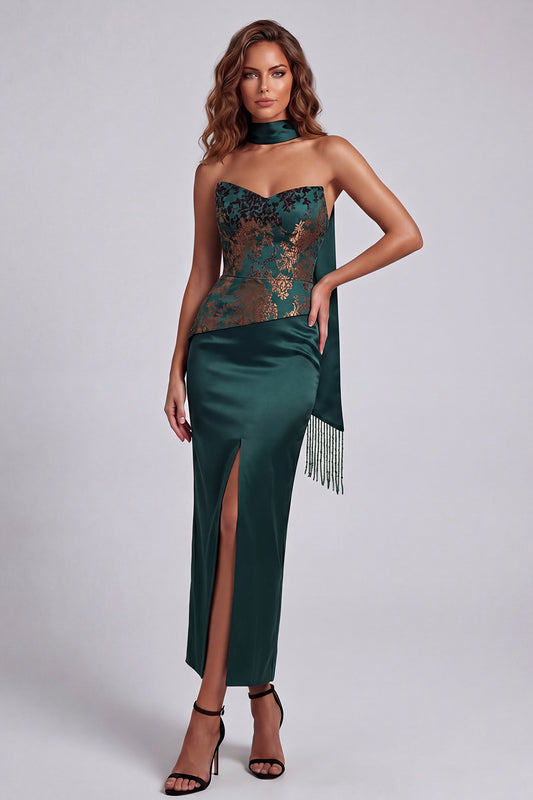 Dark Green Strapless Basque Waist Long Sheath Floral Formal Dress with Slit