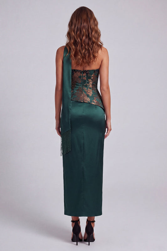 Dark Green Strapless Basque Waist Long Sheath Floral Formal Dress with Slit
