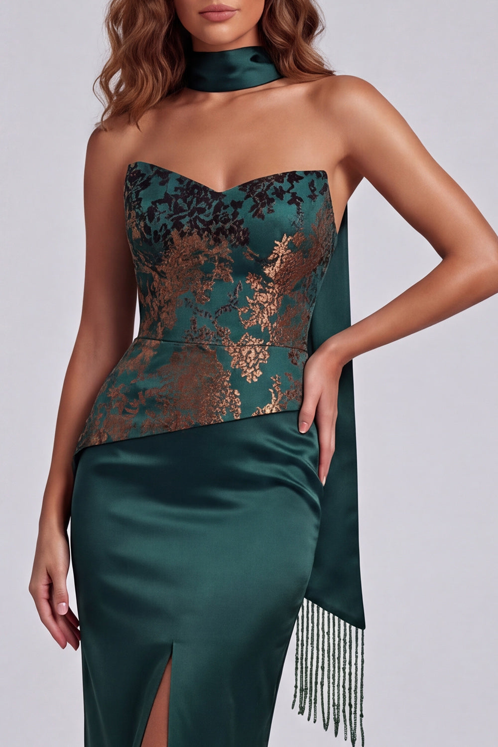 Dark Green Strapless Basque Waist Long Sheath Floral Formal Dress with Slit