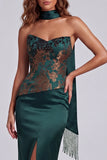 Dark Green Strapless Basque Waist Long Sheath Floral Formal Dress with Slit