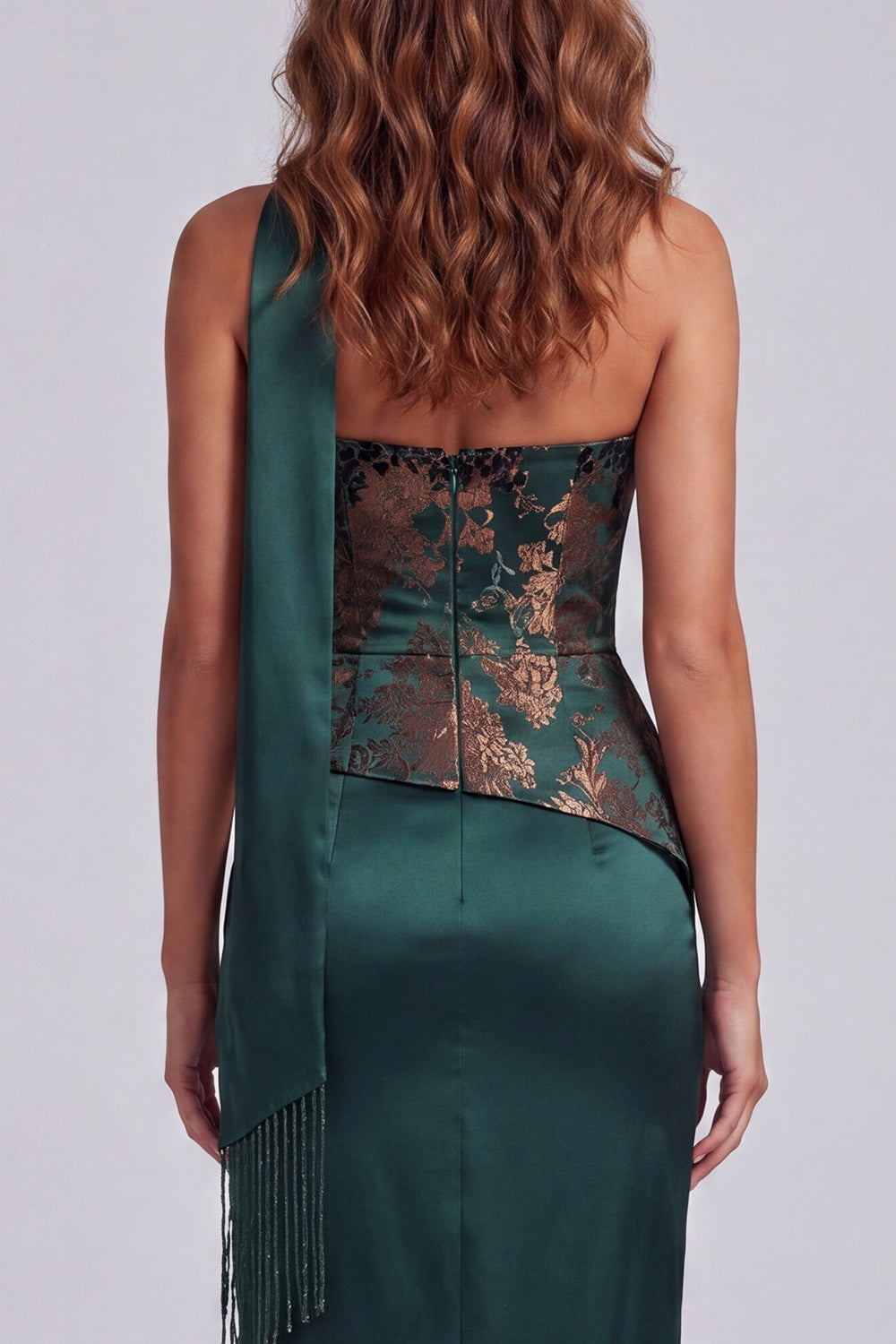 Dark Green Strapless Basque Waist Long Sheath Floral Formal Dress with Slit