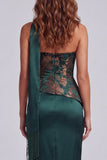 Dark Green Strapless Basque Waist Long Sheath Floral Formal Dress with Slit