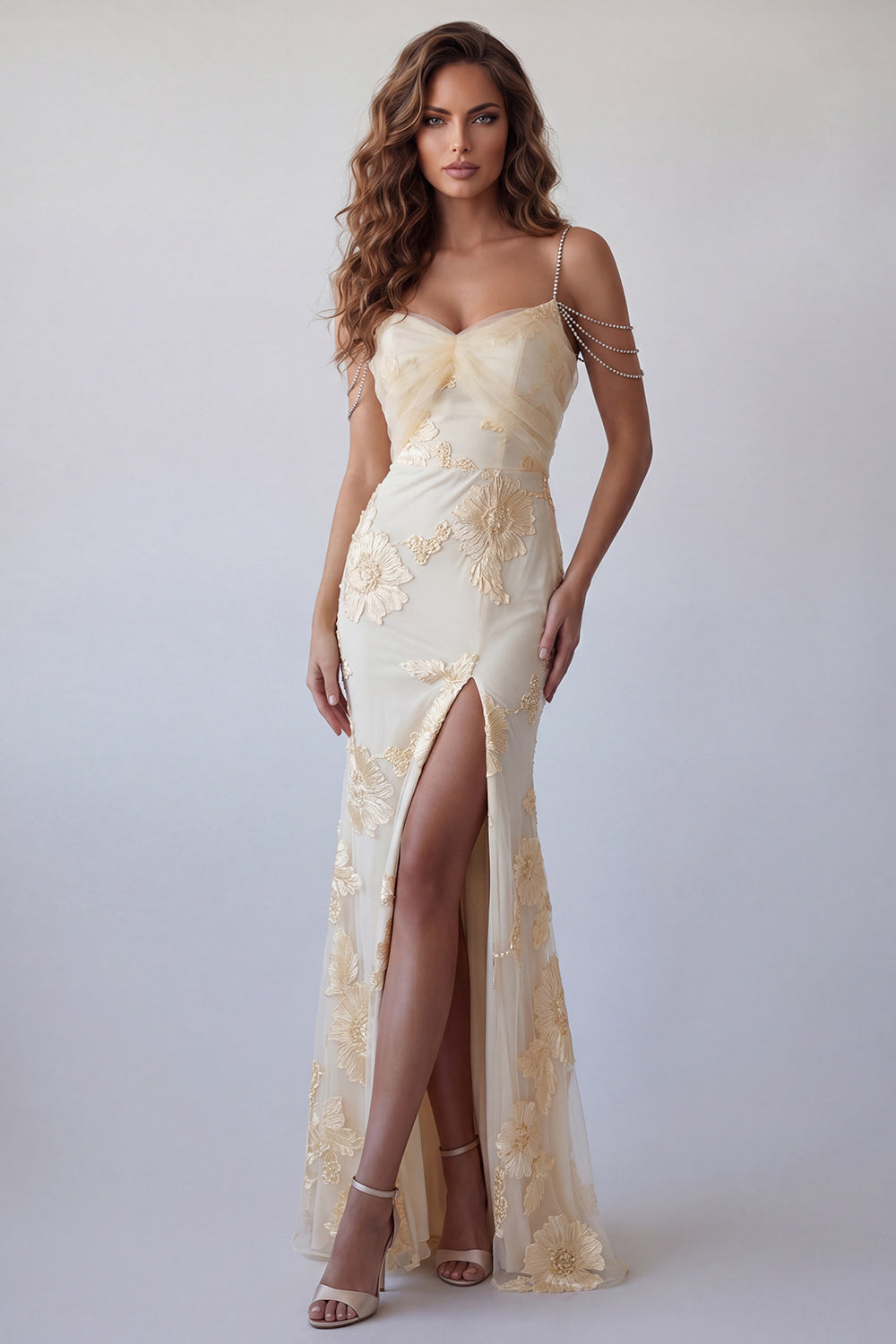 Light Yellow Floral Long Mermaid Cold Shoulder Beaded Formal Dress with Slit