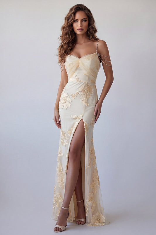 Light Yellow Floral Long Mermaid Cold Shoulder Beaded Formal Dress with Slit