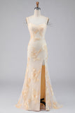 Light Yellow Floral Long Mermaid Cold Shoulder Beaded Formal Dress with Slit