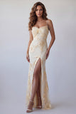 Light Yellow Floral Long Mermaid Cold Shoulder Beaded Formal Dress with Slit