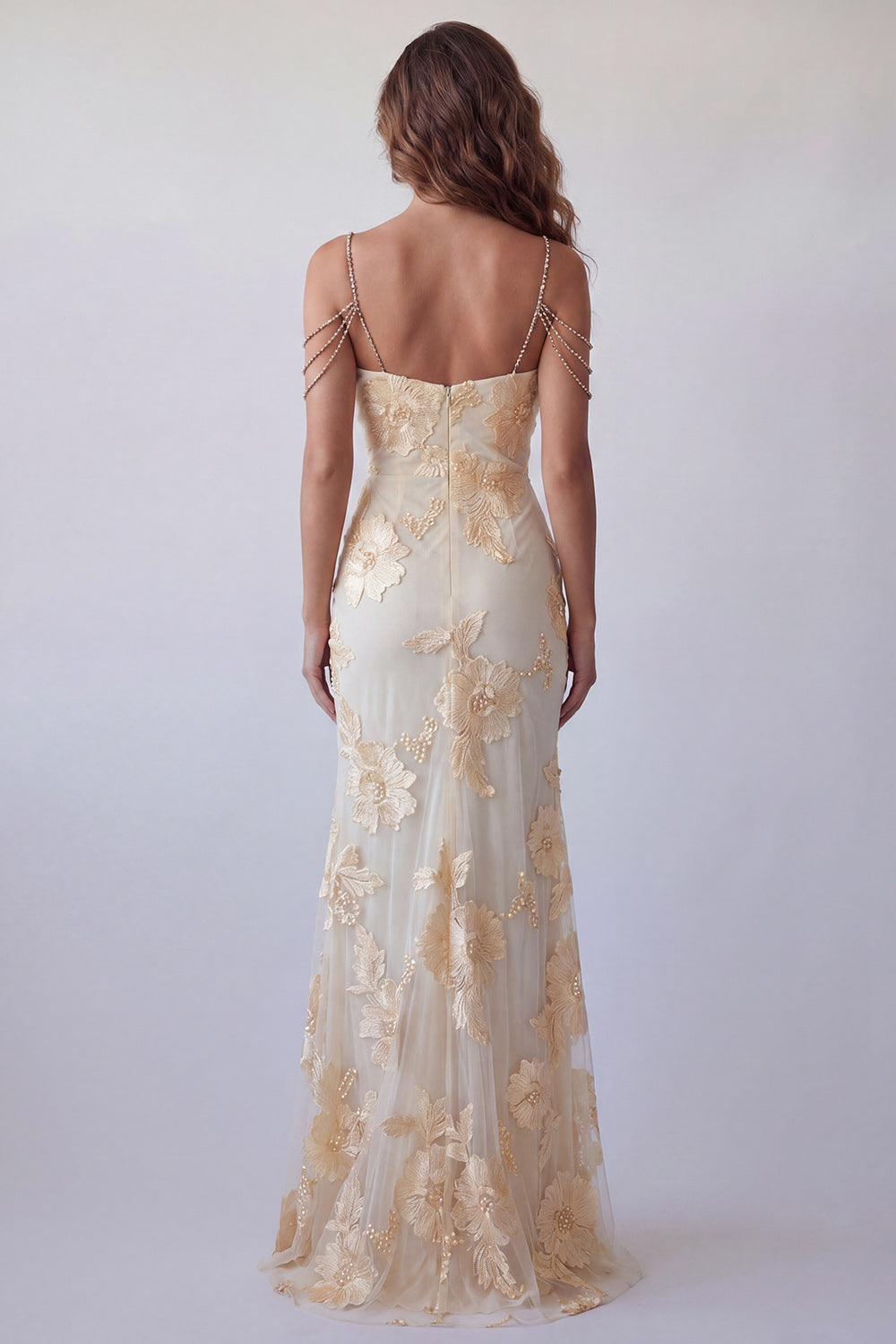 Light Yellow Floral Long Mermaid Cold Shoulder Beaded Formal Dress with Slit