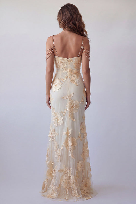 Light Yellow Floral Long Mermaid Cold Shoulder Beaded Formal Dress with Slit