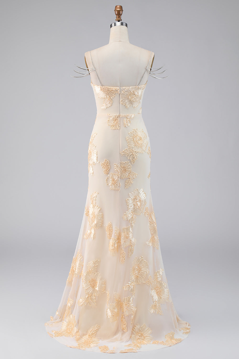 Light Yellow Floral Long Mermaid Cold Shoulder Beaded Formal Dress with Slit