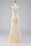 Light Yellow Floral Long Mermaid Cold Shoulder Beaded Formal Dress with Slit
