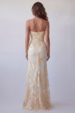 Light Yellow Floral Long Mermaid Cold Shoulder Beaded Formal Dress with Slit
