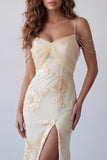 Light Yellow Floral Long Mermaid Cold Shoulder Beaded Formal Dress with Slit
