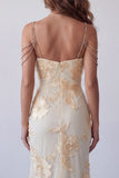 Light Yellow Floral Long Mermaid Cold Shoulder Beaded Formal Dress with Slit