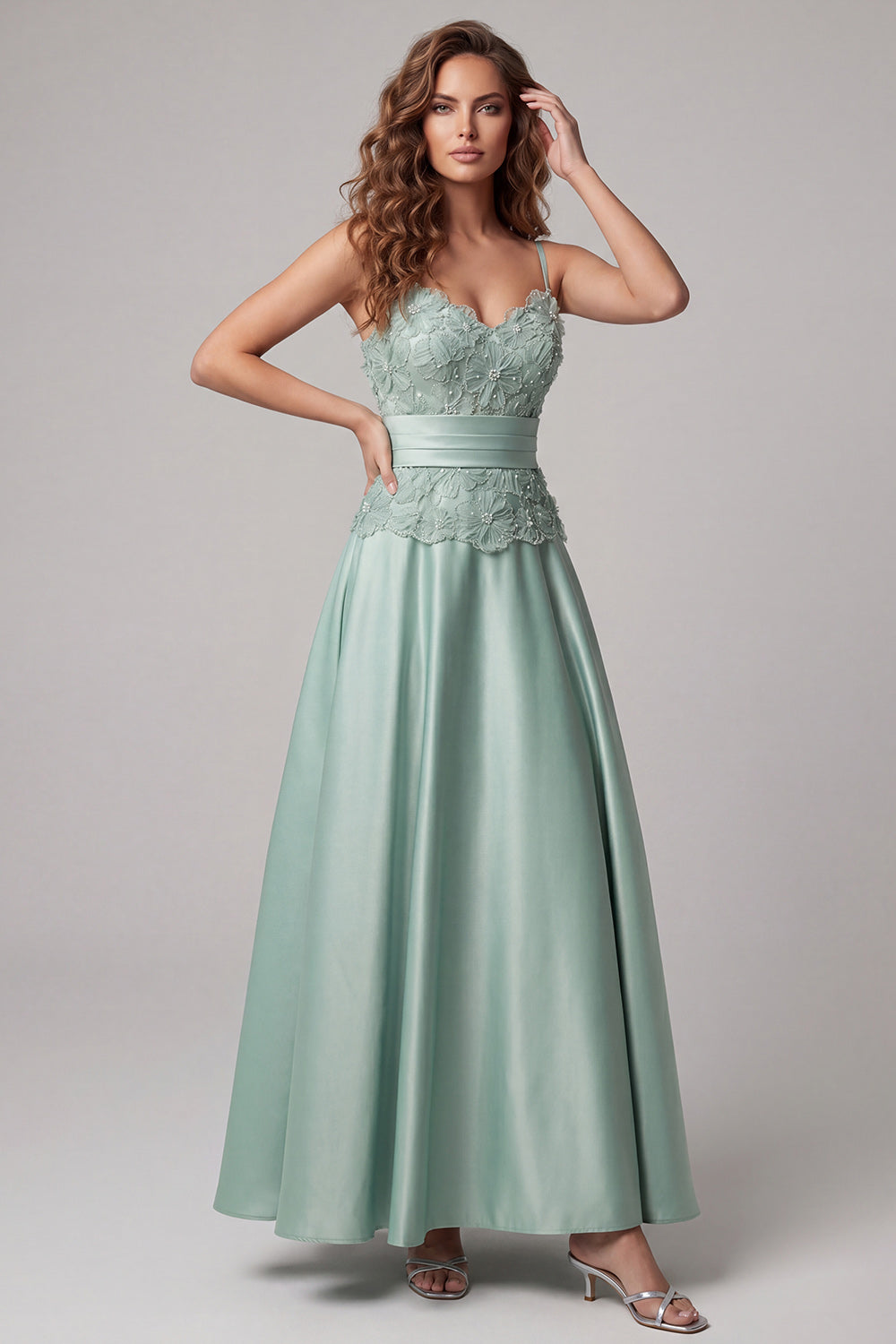 Green Floral Spaghetti Straps Long A Line Formal Dress with Pearls
