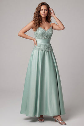 Green Floral Spaghetti Straps Long A Line Formal Dress with Pearls