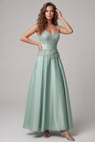Green Floral Spaghetti Straps Long A Line Formal Dress with Pearls