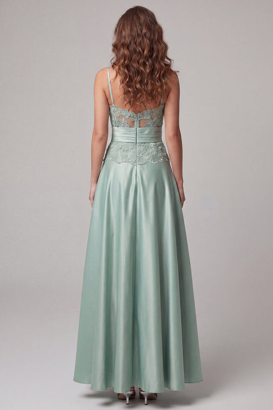 Green Floral Spaghetti Straps Long A Line Formal Dress with Pearls