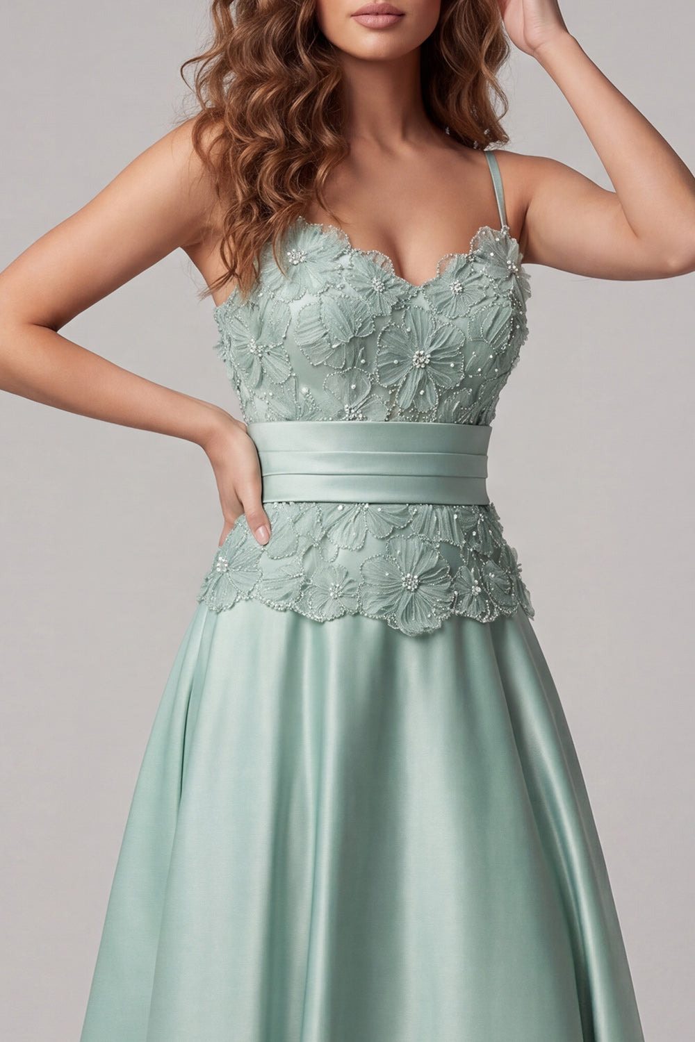 Green Floral Spaghetti Straps Long A Line Formal Dress with Pearls